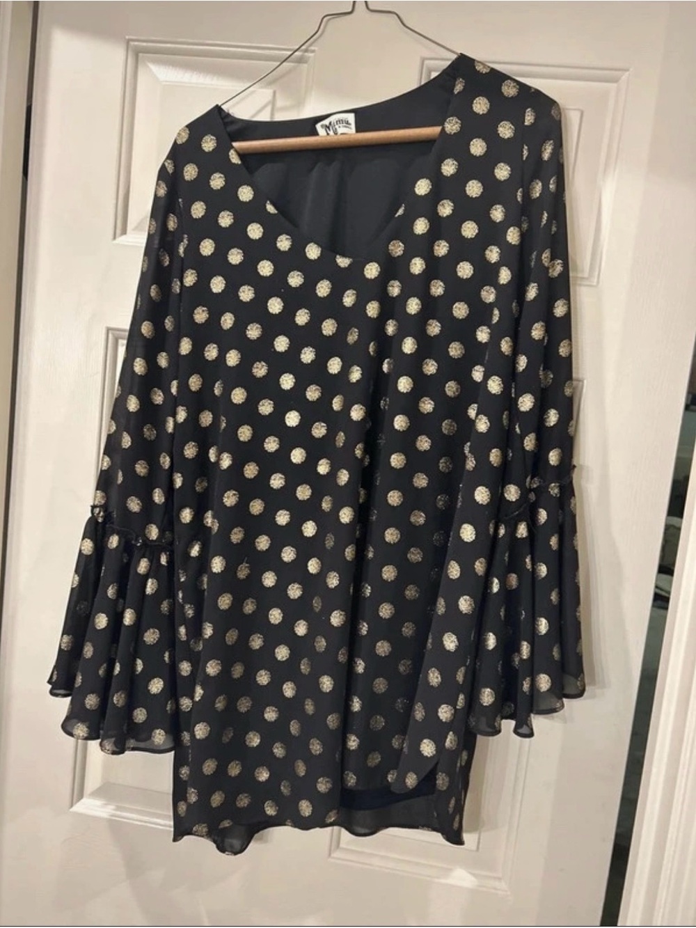 Women's Black Dress with Gold Polka Dots - Swing Sleeve